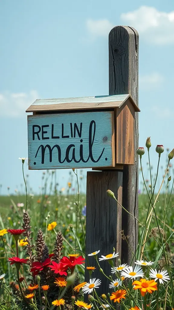 21 Creative DIY Mailbox Post Ideas for a Unique Curb Appeal 4 A rustic wooden mailbox post with a hand-painted sign surrounded by flowers.