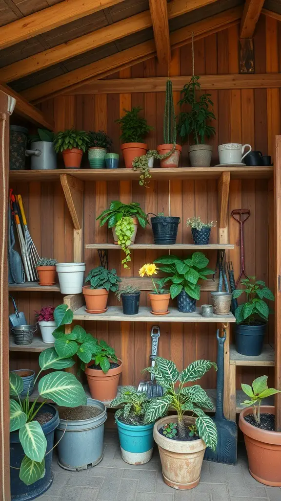 23 Stylish Potting Shed Interior Ideas for a Modern Touch 5 Rustic wooden shelving unit filled with various potted plants and gardening tools in a potting shed.