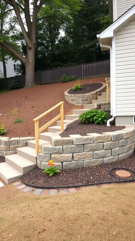A residential area showcasing a retaining wall with steps and landscaping.
