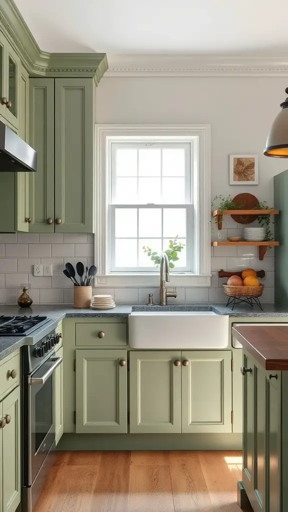 29 Stunning Sage Green Kitchen Cabinet Ideas for a Fresh Look 16 A cozy kitchen featuring sage green cabinets with a farmhouse sink and warm wood accents.