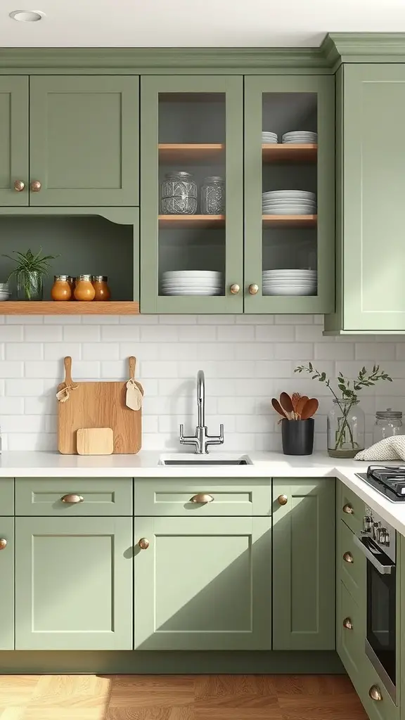 29 Stunning Sage Green Kitchen Cabinet Ideas for a Fresh Look 17 A kitchen with sage green cabinets, featuring glass-front displays and wooden accents.