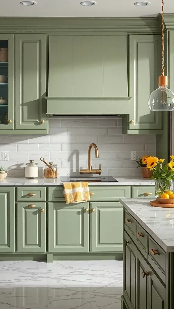 29 Stunning Sage Green Kitchen Cabinet Ideas for a Fresh Look 20 A kitchen featuring sage green cabinets, marble countertops, brass hardware, and a sunny floral arrangement.