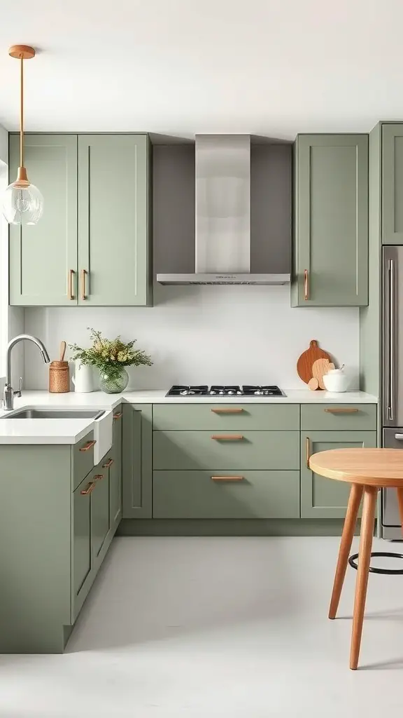 29 Stunning Sage Green Kitchen Cabinet Ideas for a Fresh Look 7 Modern kitchen with sage green cabinets and brass hardware
