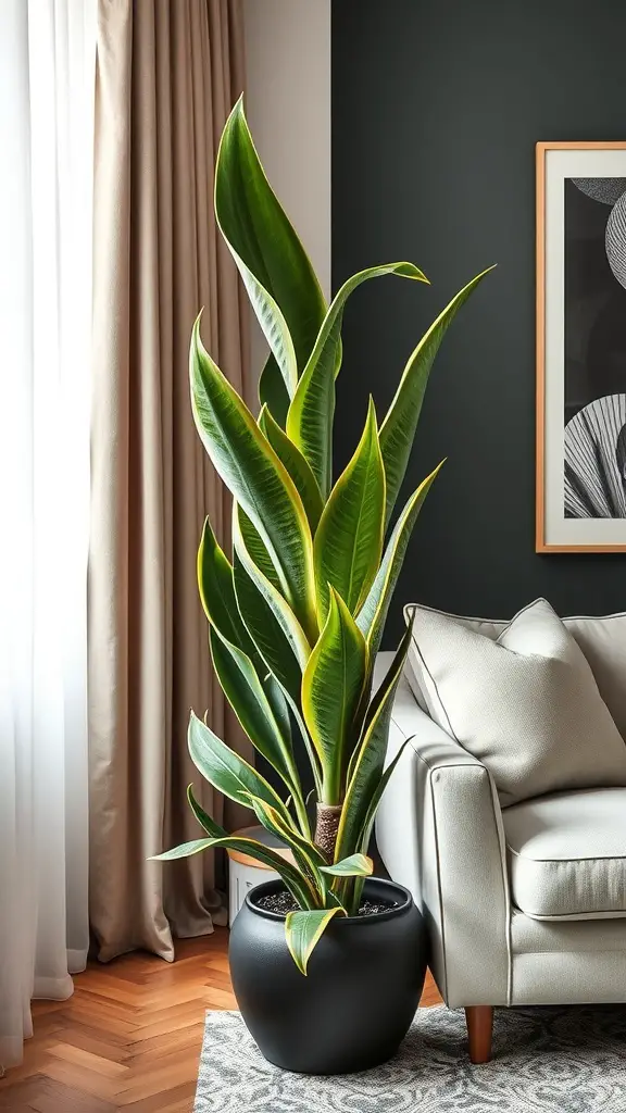 A tall Sansevieria plant in a black pot next to a white sofa in a modern living room.