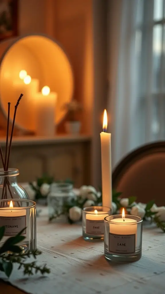 25 Creative Mother's Day Brunch Decor Ideas for Home 26 A cozy table setting with scented candles, surrounded by greenery and flowers, creating a warm atmosphere.