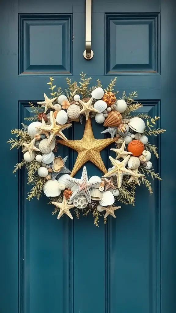15 Beautiful DIY Spring Wreaths for Your Front Door 14 A beautiful wreath made of seashells and starfish, hanging on a blue front door.