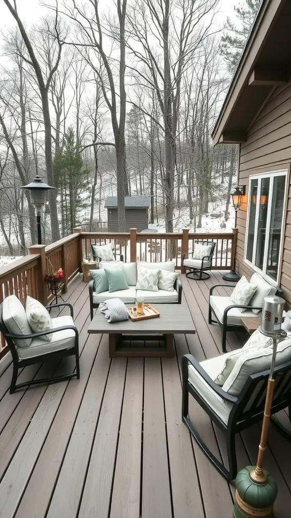 17 Stunning Modern Deck Ideas for Your Outdoor Space 17 A cozy deck with comfortable seating and a winter backdrop