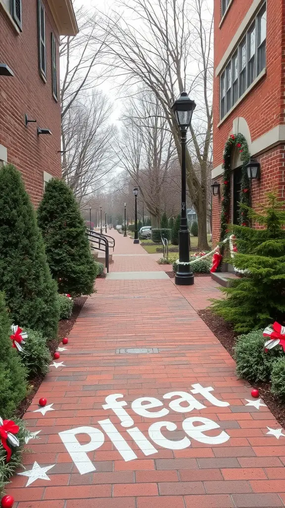 25 Stunning Brick Walkways to Enhance Your Front Door Curb Appeal 25 A brick walkway decorated with red bows and greenery, leading to buildings, with a cool atmosphere.