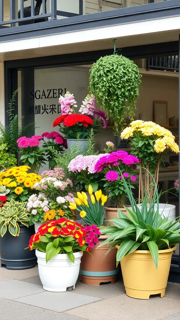 27 Creative Small Garden Plans for Limited Spaces 23 Colorful seasonal container displays with various flowers in different pots.