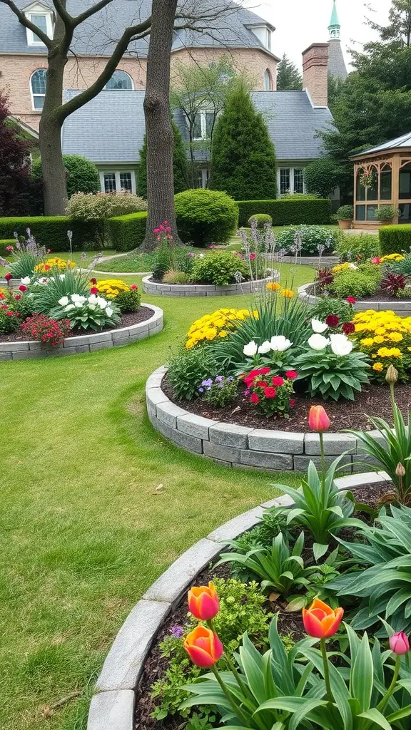 17 Creative Curved Flower Bed Ideas to Enhance Your Garden 16 Curved flower beds with colorful flowers and greenery in a well-maintained garden.