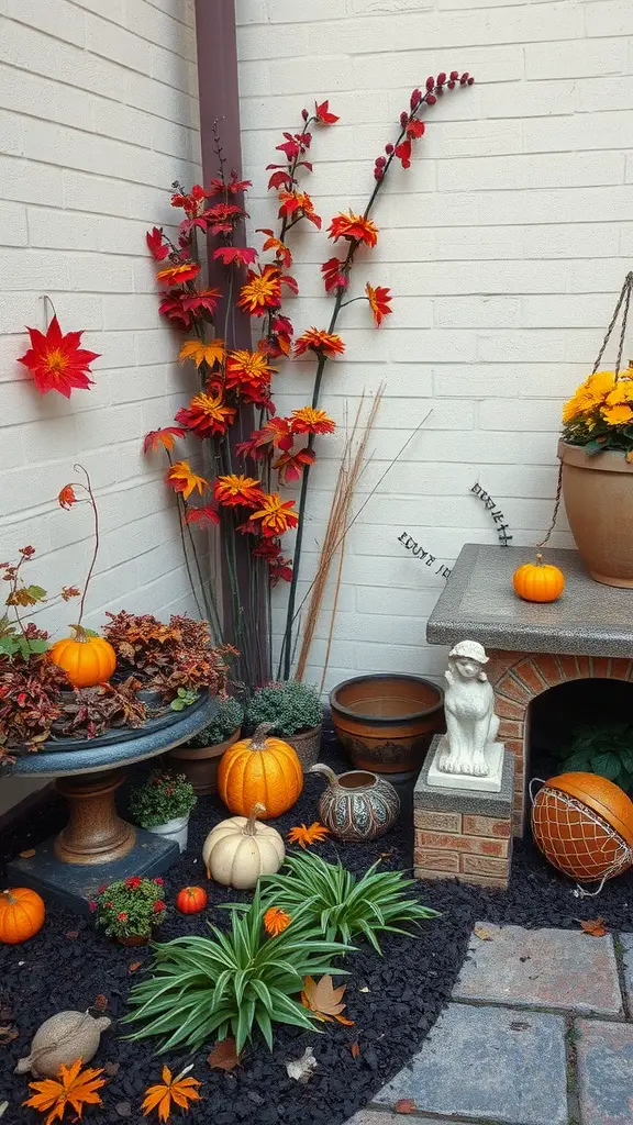 23 Creative Corner Garden Ideas for Your Backyard 25 A cozy corner garden featuring colorful autumn decorations with pumpkins, flowers, and a birdbath.