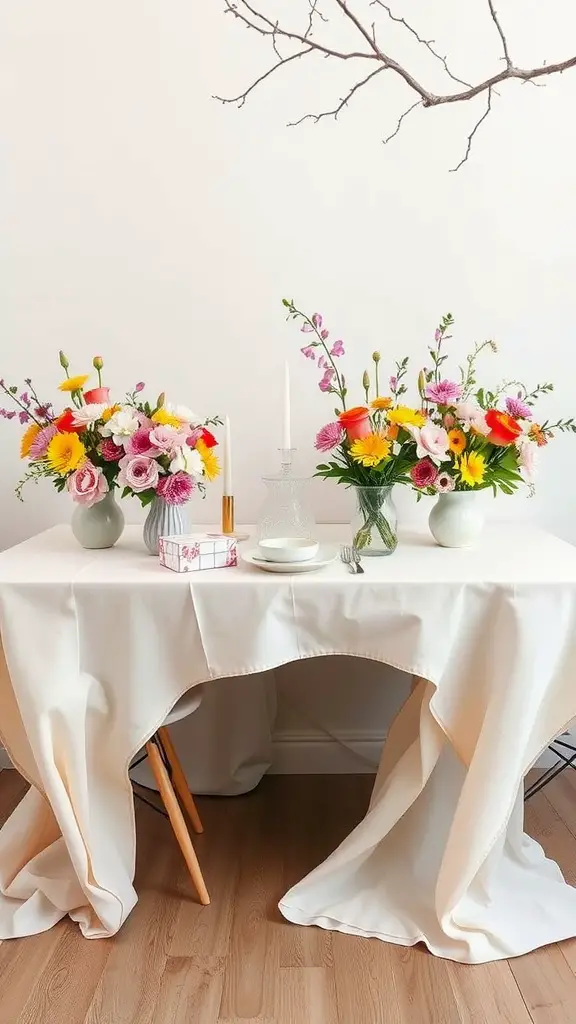 25 Creative Mother's Day Brunch Decor Ideas for Home 14 A beautifully decorated table for Mother's Day brunch with colorful flower arrangements, candles, and a white tablecloth.