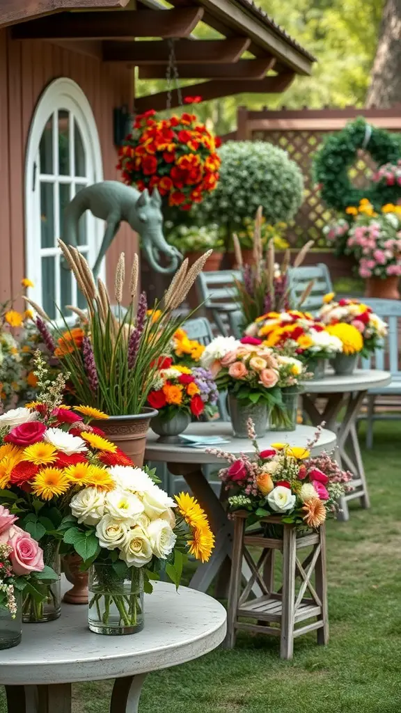 31 Creative Garden Party Ideas for Your Next Celebration 30 A beautiful display of seasonal flower arrangements on tables for a garden party.