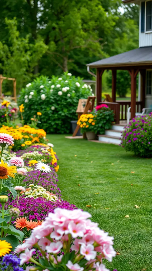 27 Charming Farmhouse Garden Ideas to Enhance Your Outdoor Space 11 A colorful flower border in a farmhouse garden.