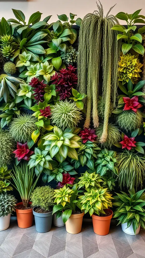 15 Hanging Plant Wall Indoor DIY: Gorgeous Ideas You’ll Want to Try Right Now! 13 A vibrant wall of various indoor plants, showcasing a mix of leafy greens and colorful blooms.