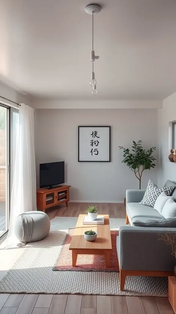 17 Inspiring Mobile Home Living Room Ideas to Transform Your Space 18 A serene mobile home living room with a gray couch, wooden coffee table, potted plant, and natural light.