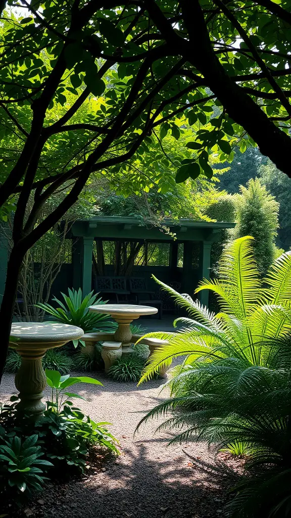 27 Creative Small Garden Plans for Limited Spaces 11 A serene shade garden with stone tables surrounded by lush ferns and greenery, creating a peaceful oasis.