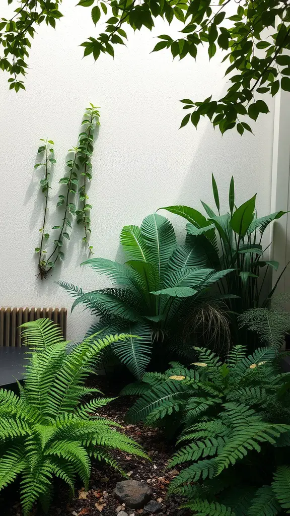 23 Creative Corner Garden Ideas for Your Backyard 16 A shaded corner garden featuring various lush green ferns and a few structured plants against a light background.