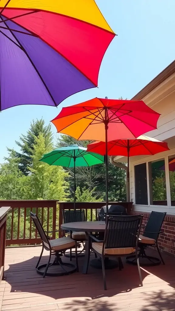 19 Charming Back Deck Decorating Ideas for a Cozy Outdoor Space 15 Colorful umbrellas providing shade over a deck with a dining table and chairs.