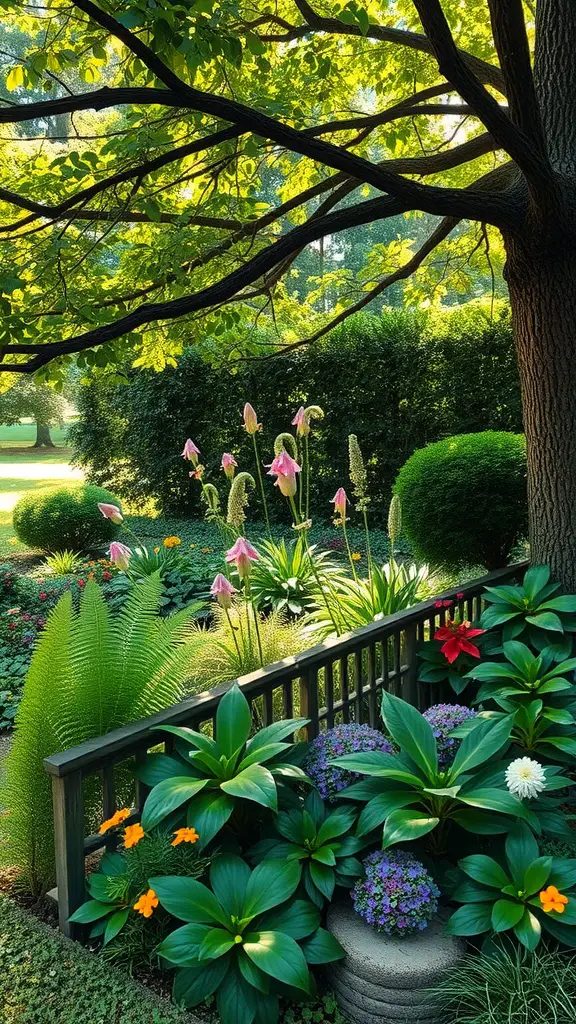 21 Beautiful Small Flower Bed Ideas for a Stunning Garden 13 A well-arranged flower bed in a shady area, featuring various colorful flowers and lush greenery.