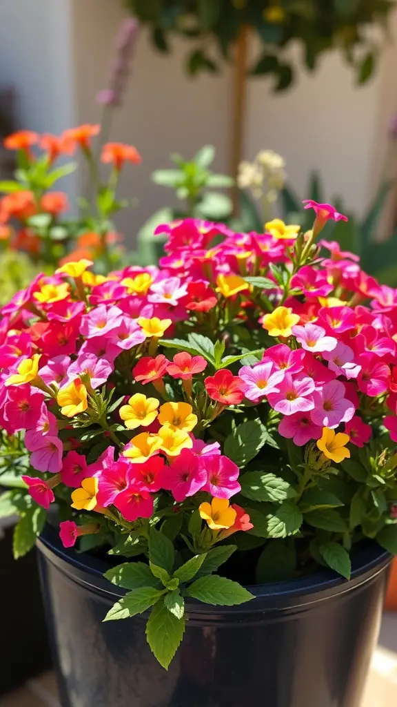 19 Stunning Container Plants for Full Sun Gardens 13 Container filled with colorful showy verbena flowers in pink, yellow, and orange.