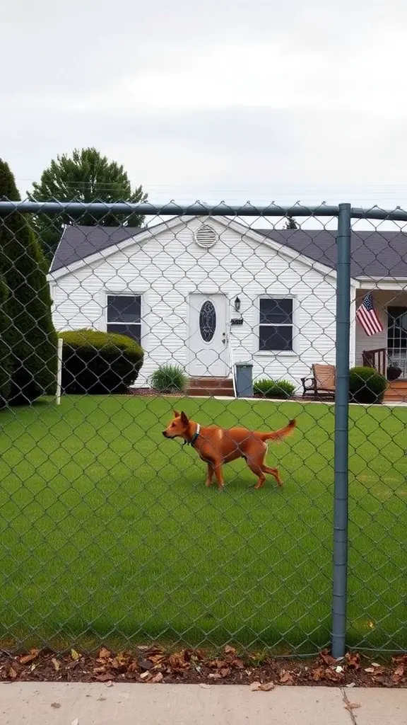 27 Affordable DIY Fence Ideas to Transform Your Yard 12 A chain link fence enclosing a green yard with a dog walking inside