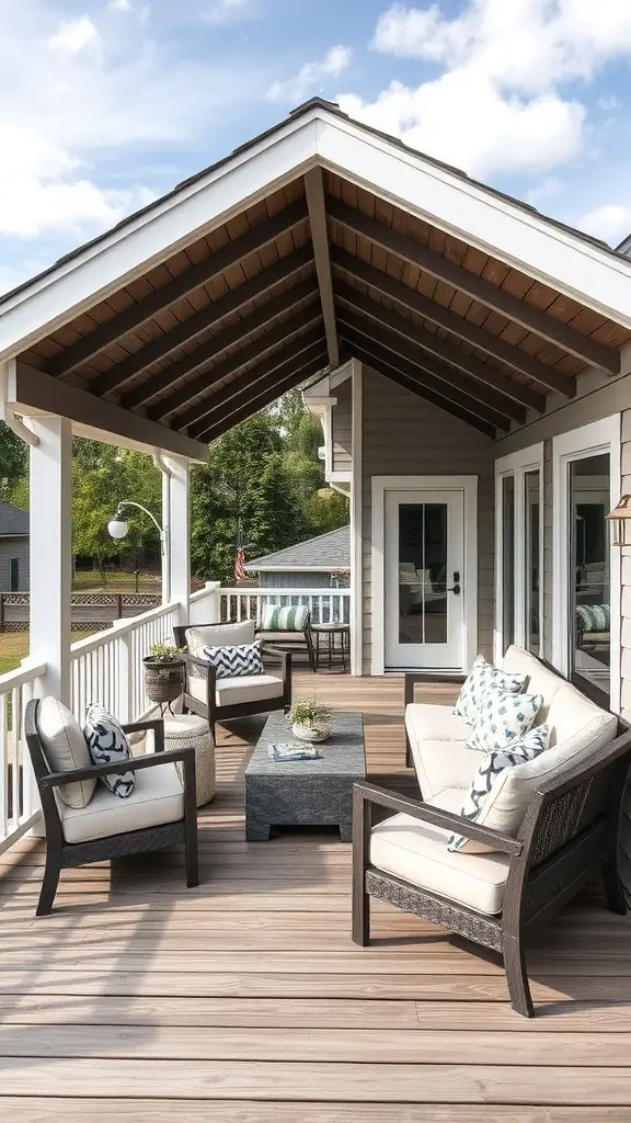 19 Creative Deck with Roof Ideas for Your Outdoor Space 12 A deck area featuring a skillion roof with comfortable seating and a central table.
