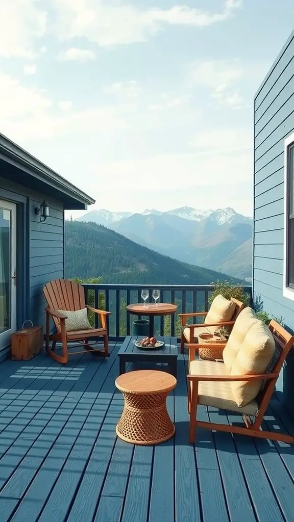 15 Stunning Deck Paint Color Ideas to Transform Your Outdoor Space 14 A deck painted in slate blue with wooden furniture overlooking a mountain view.