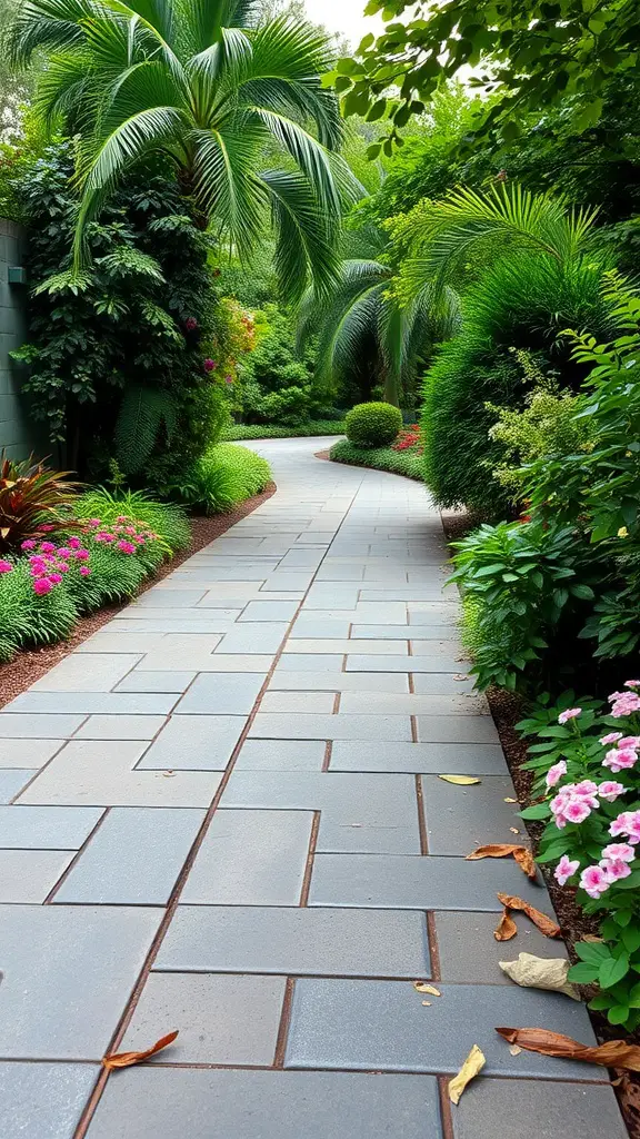 31 Creative Garden Walkway Ideas for Your Outdoor Space 17 A slate pathway surrounded by lush greenery and colorful flowers.