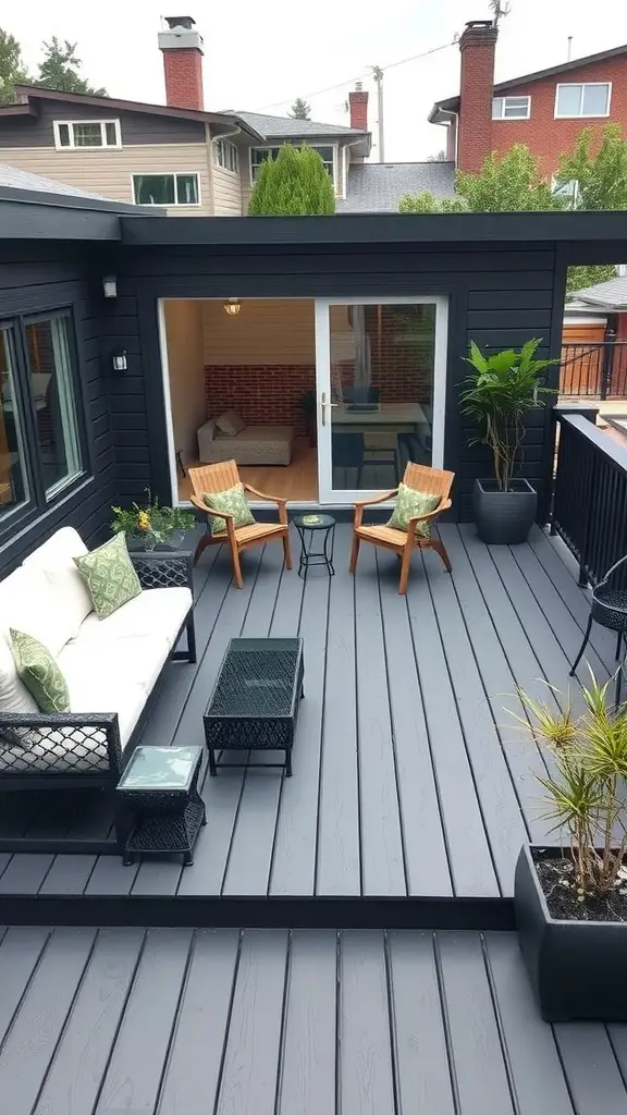 15 Stunning Deck Stain Colors to Transform Your Outdoor Space 9 A modern outdoor deck painted in charcoal gray, featuring stylish seating and a cozy atmosphere.