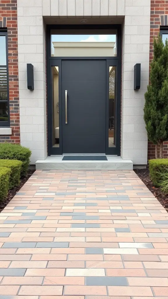 25 Stunning Brick Walkways to Enhance Your Front Door Curb Appeal 16 A modern brick walkway leading to a stylish front door, framed by greenery.