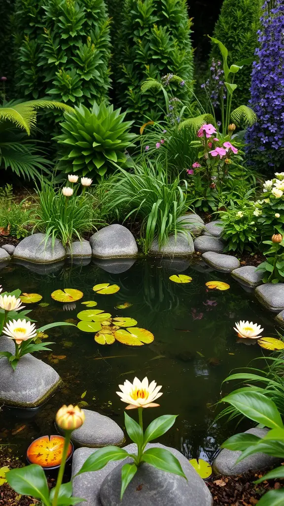 27 Creative Small Garden Plans for Limited Spaces 22 A small pond surrounded by lush greenery and colorful flowers, featuring water lilies floating on the surface.
