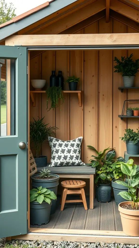 23 Stylish Potting Shed Interior Ideas for a Modern Touch 14 Interior of a small potting shed with plants, a bench, and shelves.