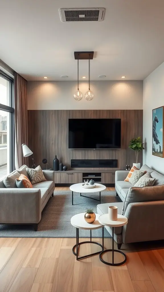 17 Inspiring Mobile Home Living Room Ideas to Transform Your Space 12 A modern mobile home living room featuring a large TV, stylish sofas, and smart lighting.