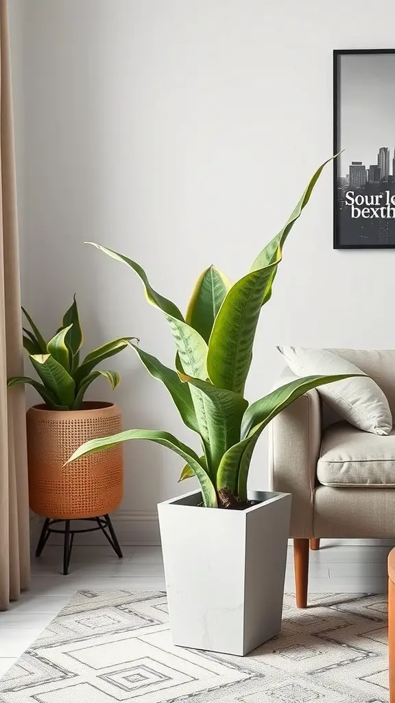 A snake plant in a sleek white planter next to a cozy couch in a modern living room setting.