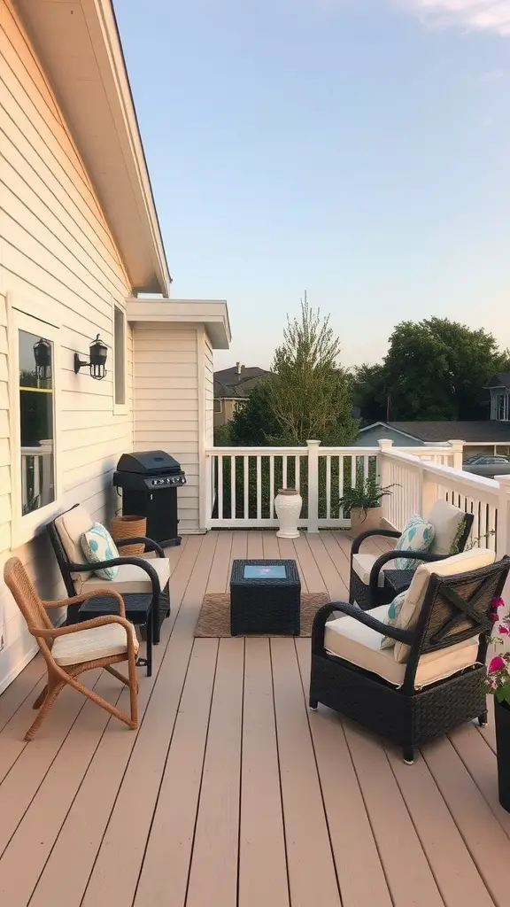 15 Stunning Deck Paint Color Ideas to Transform Your Outdoor Space 11 A cozy deck featuring soft beige flooring, black wicker chairs, and green plants.