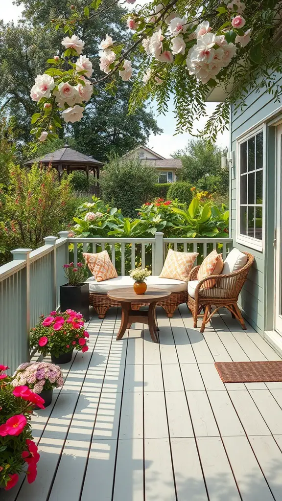 15 Stunning Deck Stain Colors to Transform Your Outdoor Space 14 A peaceful deck stained in soft sage color, surrounded by vibrant flowers and greenery.