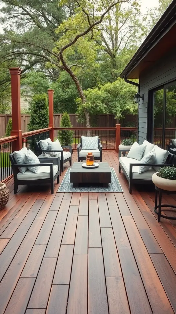 15 Stunning Deck Stain Colors to Transform Your Outdoor Space 15 An outdoor deck stained in a rich walnut color with stylish seating and greenery.