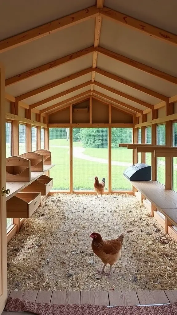 17 Creative Walk-In Chicken Coop Ideas You'll Love 7 Interior view of a spacious chicken coop with wooden shelves and two chickens roaming.