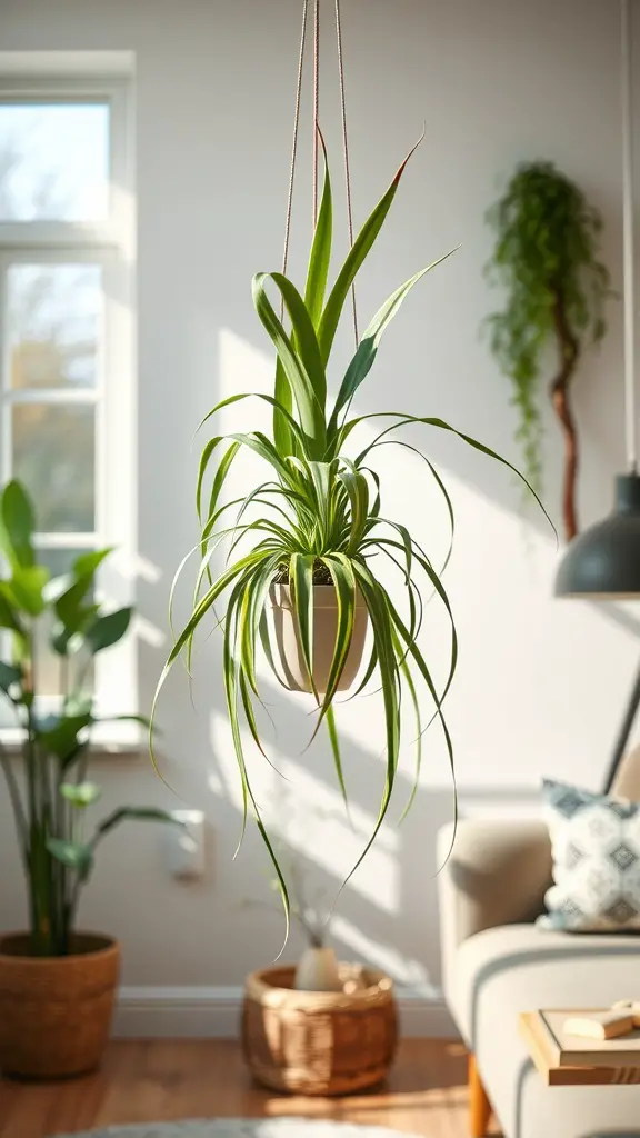 15 Stunning Hanging Plants to Beautify Your Living Room Windows 8 A spider plant hanging in a cozy living room with sunlight filtering through a window