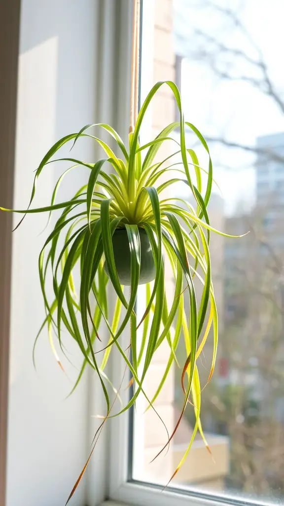 15 Gorgeous Hanging Plants Perfect for Your Windowsill 5 A Spider Plant with long, airy leaves hanging in front of a sunlit window.