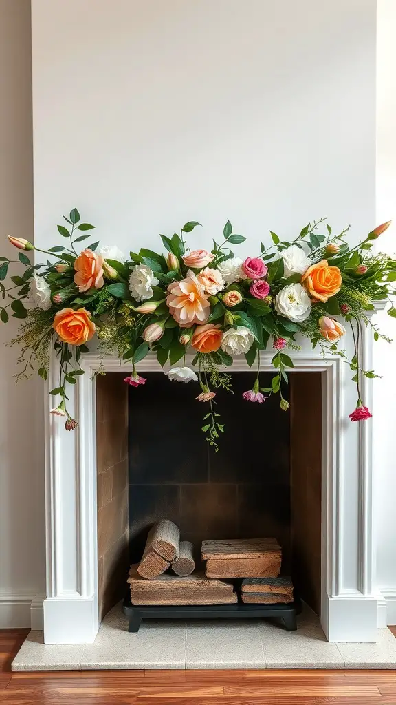 17 Charming Spring Fireplace Decor Ideas with TV Integration 4 A fireplace mantel decorated with a vibrant floral garland featuring roses and tulips.