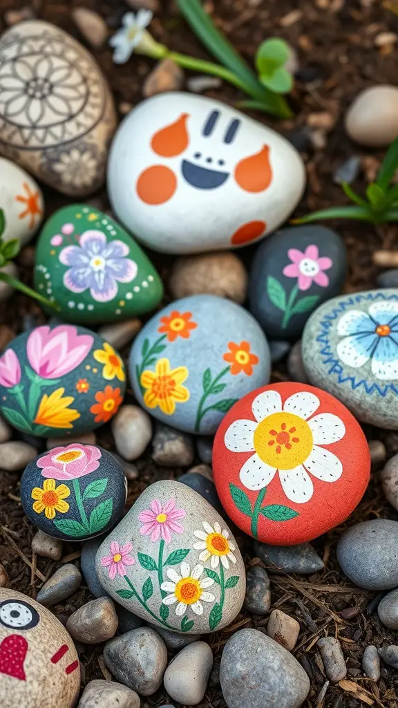 Colorful painted rocks featuring spring-themed designs