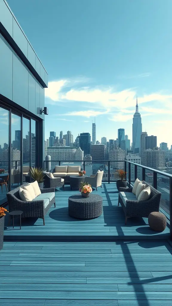15 Stunning Deck Paint Color Ideas to Transform Your Outdoor Space 16 A modern deck painted in steel blue with city skyline views