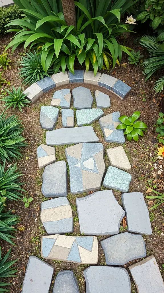 23 Creative Corner Garden Ideas for Your Backyard 18 A stepping stone mosaic path surrounded by greenery in a garden.