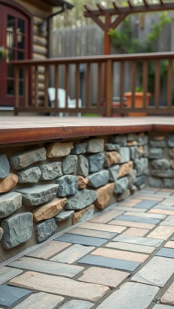 19 Creative Deck Skirting Ideas for Your Outdoor Space 6 Close-up of stone and brick deck skirting with a wooden deck