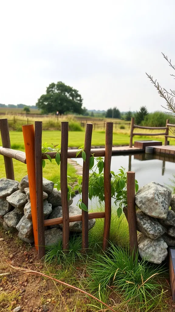 27 Affordable DIY Fence Ideas to Transform Your Yard 2 A rustic stone and timber fence surrounding a small pond, featuring wooden posts and stones.