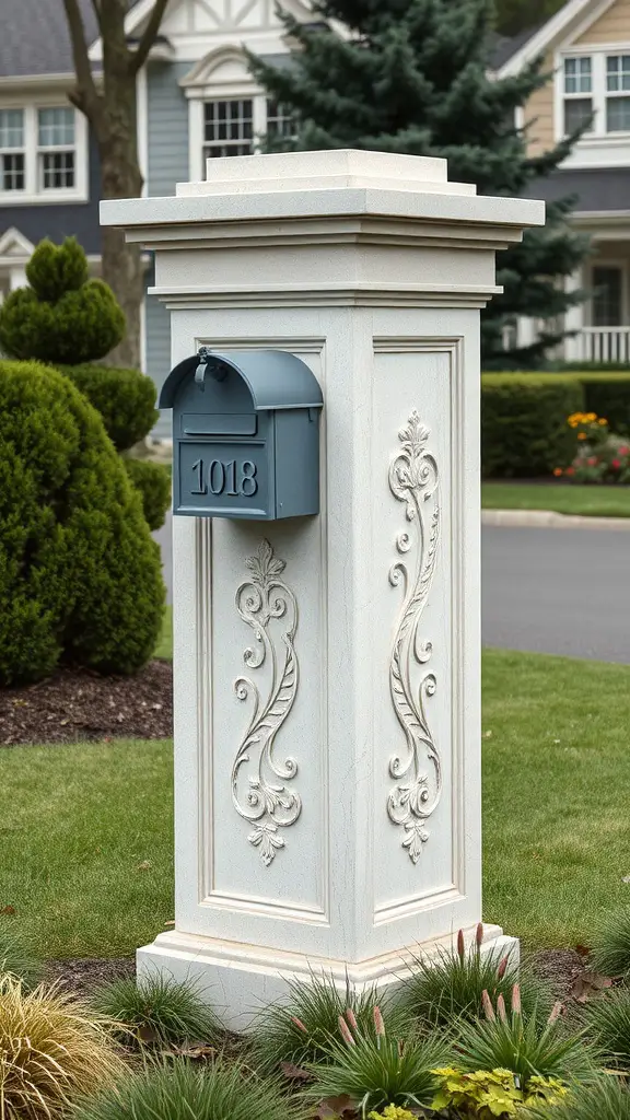 21 Creative DIY Mailbox Post Ideas for a Unique Curb Appeal 9 Elegant stone pillar mailbox with detailed carvings and a blue mailbox in a landscaped yard