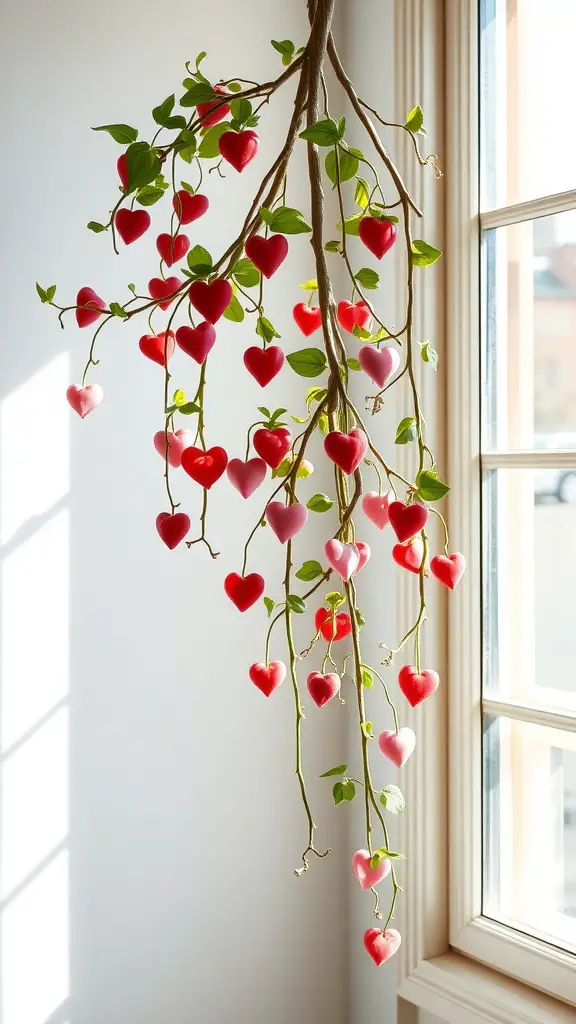 15 Gorgeous Hanging Plants Perfect for Your Windowsill 4 A String of Hearts plant with heart-shaped leaves in red and pink, hanging gracefully in front of a window.