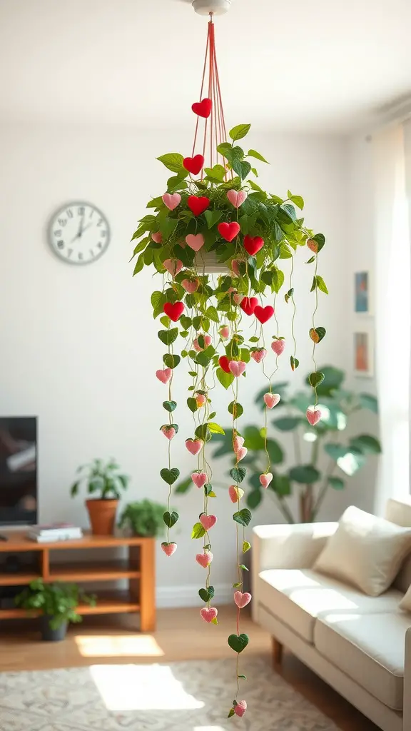 A String of Hearts plant hanging from the ceiling with heart-shaped decorations in a bright living room.